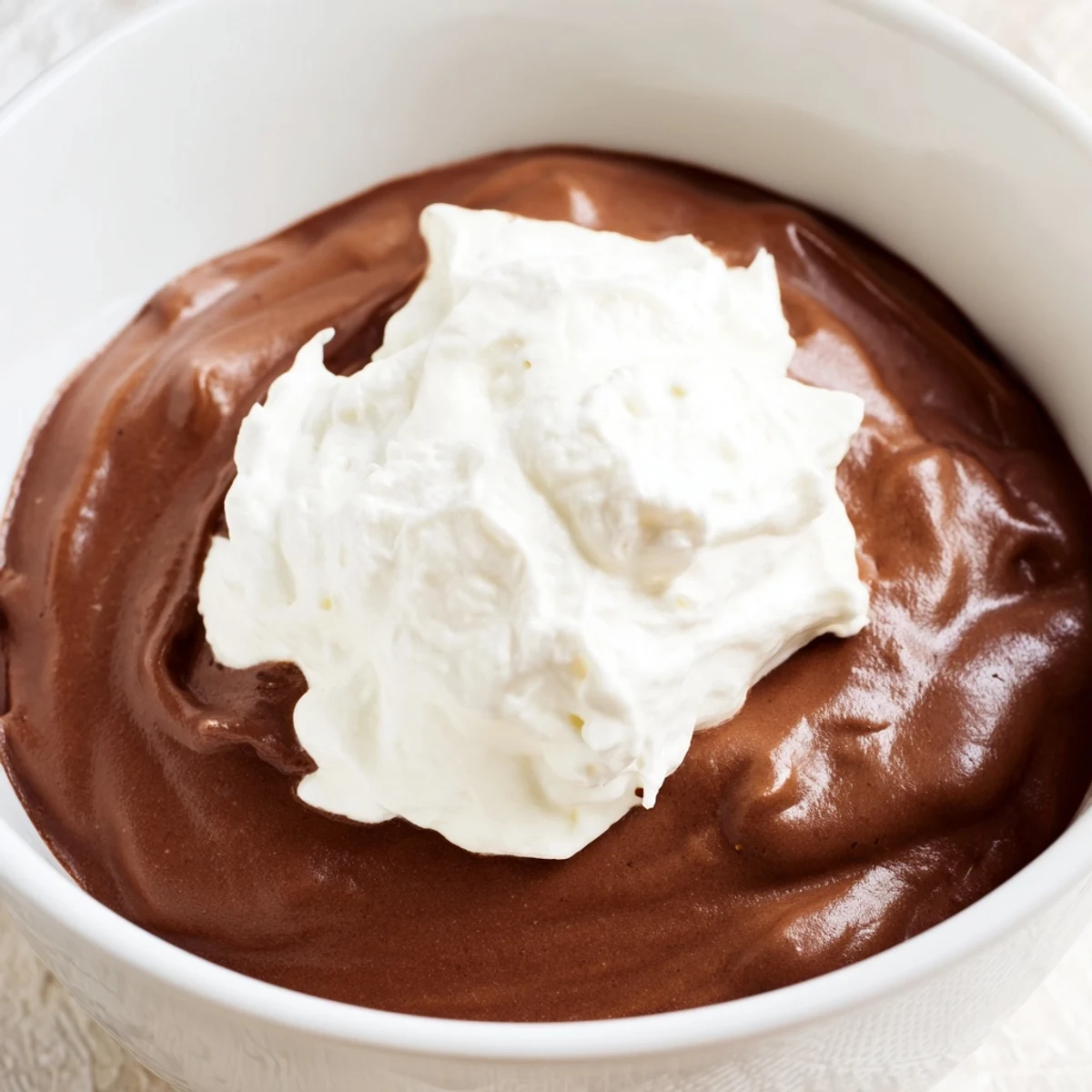 Indulgent Chocolate Mousse with Homemade Whipped Cream topped with chocolate shavings and berries.