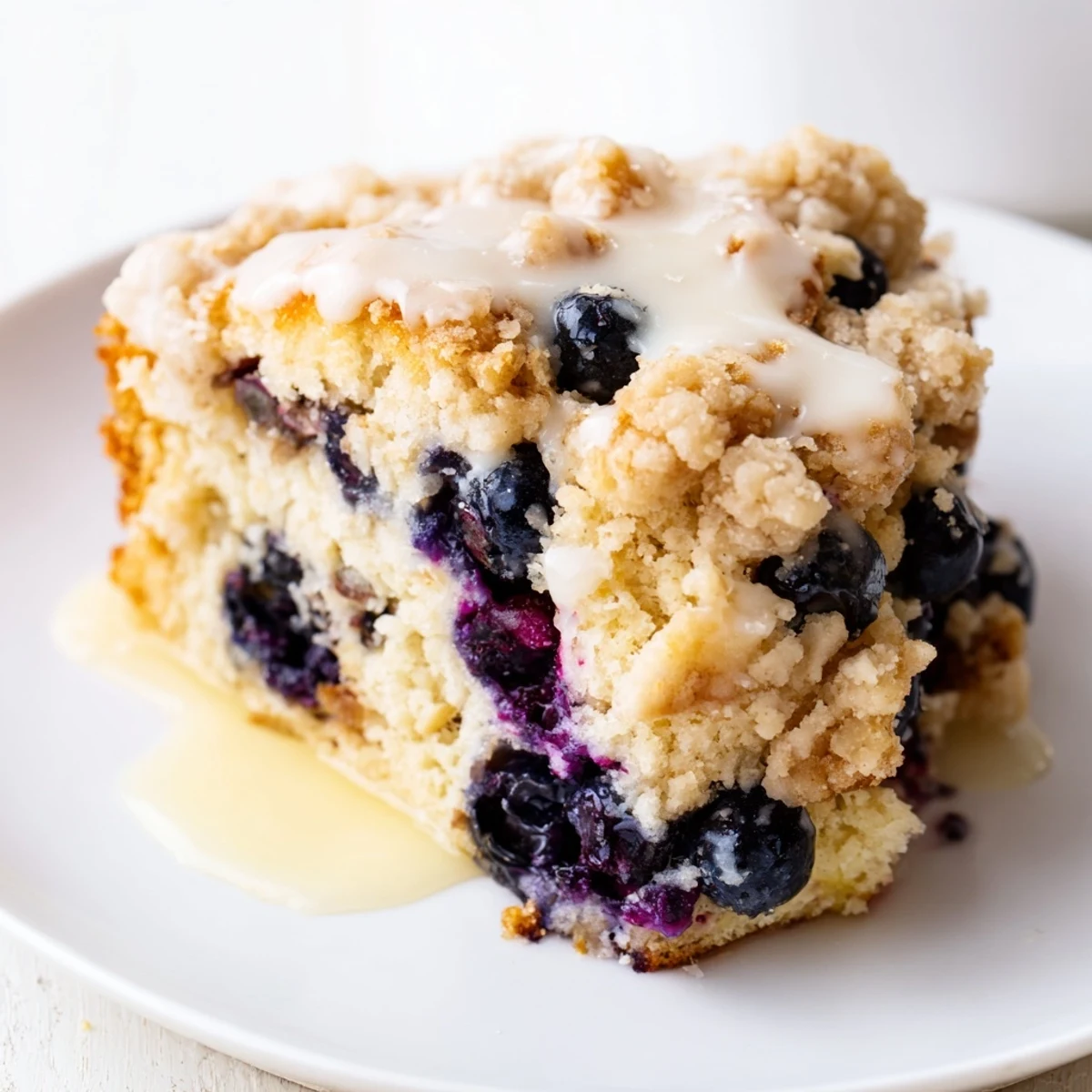 Golden slice of Lemon Blueberry Coffee Cake drizzled with sweet glaze, served on a white plate for brunch. 