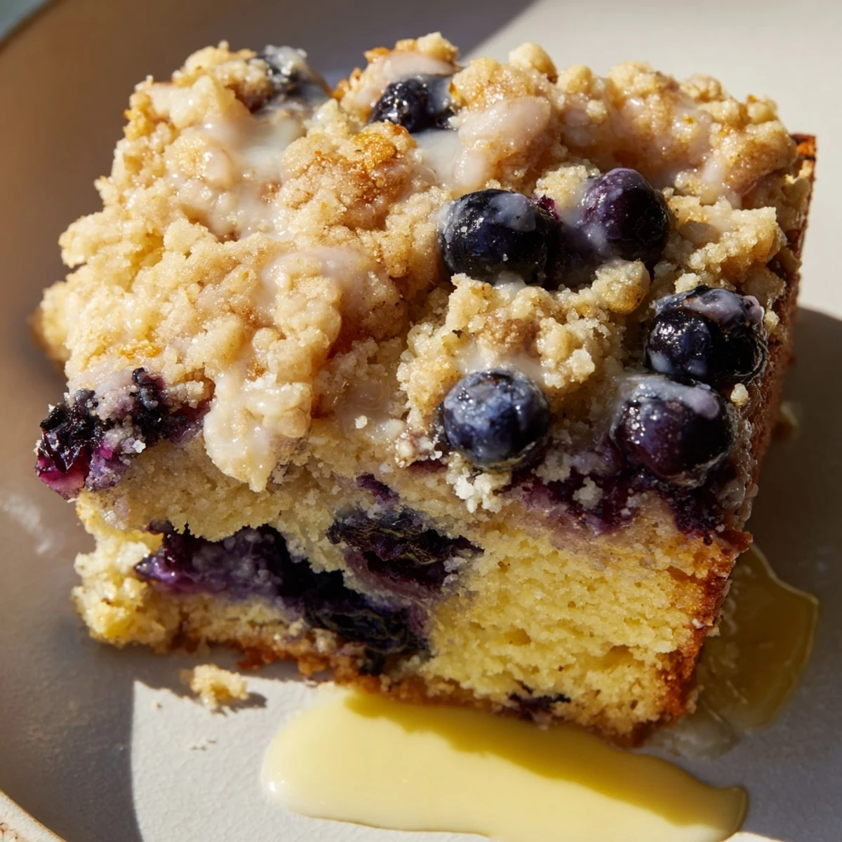 Morning sunlight shines on a warm Lemon Blueberry Coffee Cake with glaze, blueberries, and a cup of coffee.