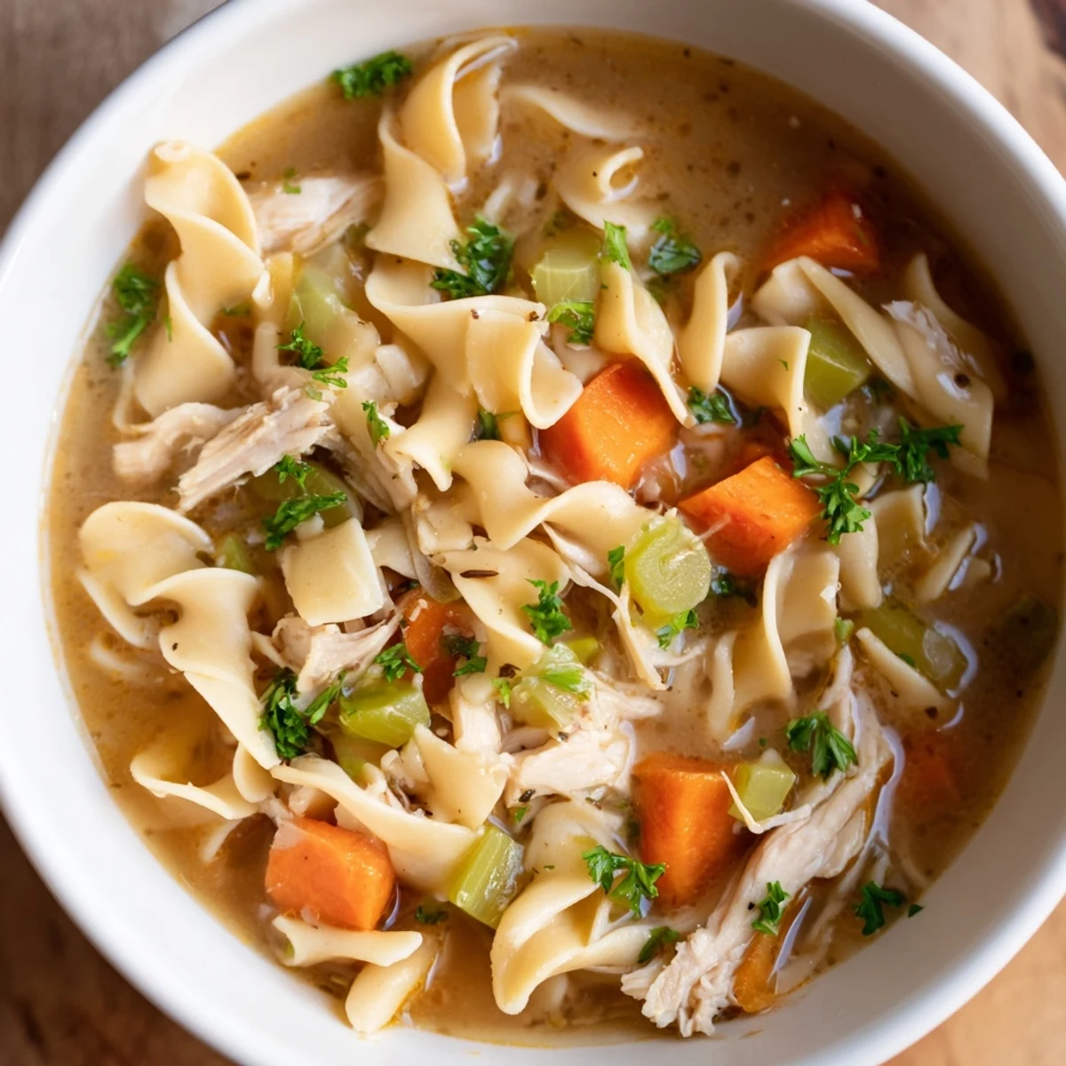 Steaming bowl of Chicken Noodle Soup with Mixed Vegetables, featuring tender chicken, egg noodles, and colorful veggies in a clear broth.