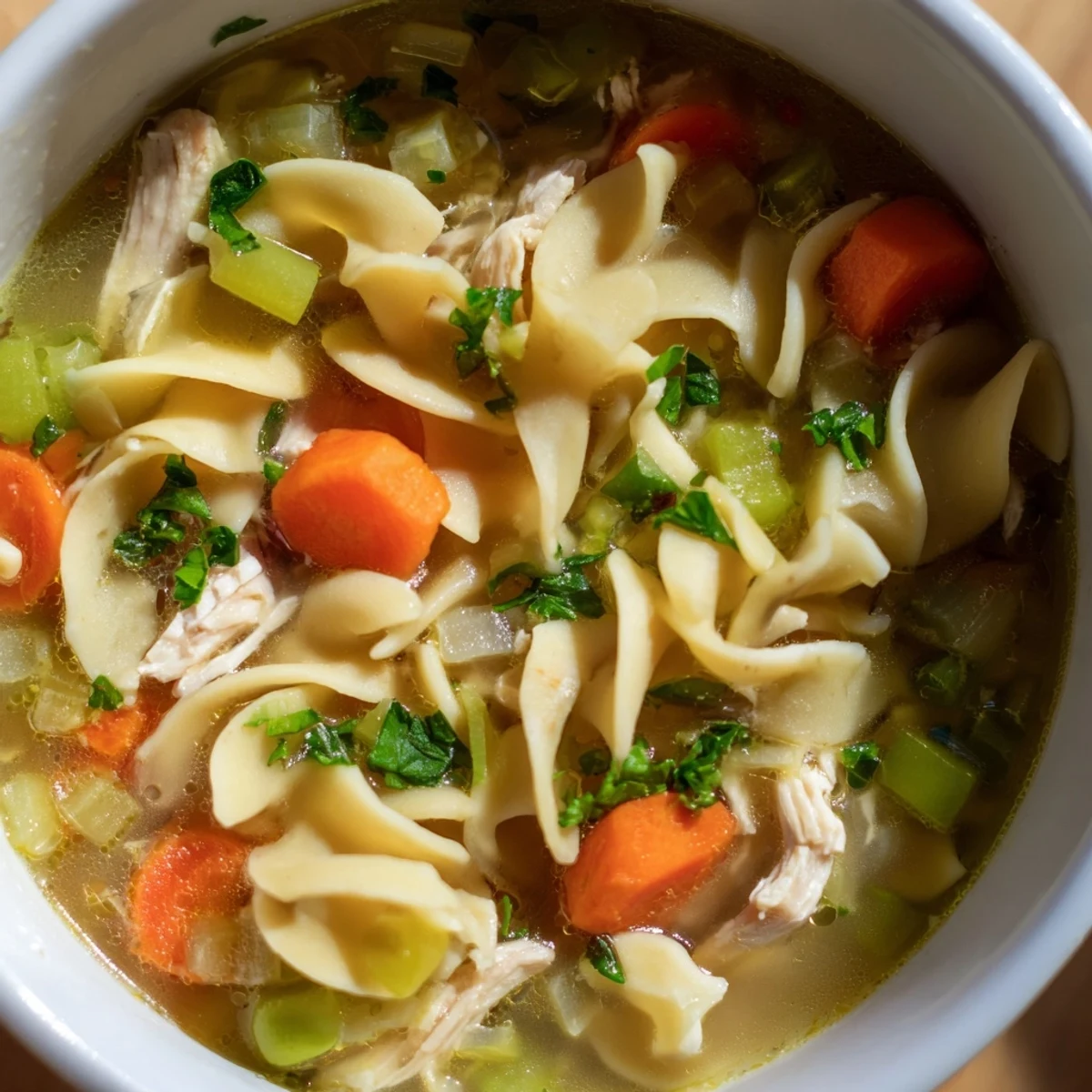 Close-up photo of homemade Chicken Noodle Soup with Mixed Vegetables, showing carrots, celery, and peas in a savory golden broth.