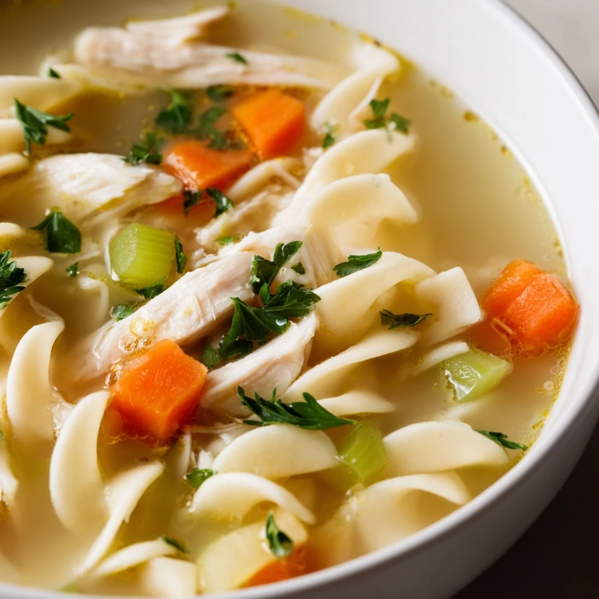 Serving of Chicken Noodle Soup with Mixed Vegetables in a rustic mug, garnished with fresh parsley, ready to enjoy.