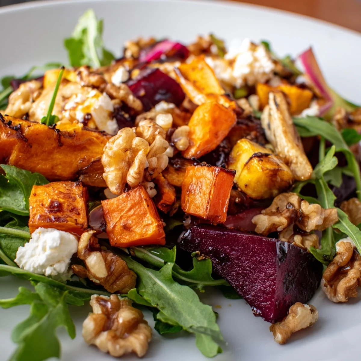 Golden roasted root vegetables, including carrots and sweet potatoes, are tossed with tangy feta and mixed greens on a white platter.