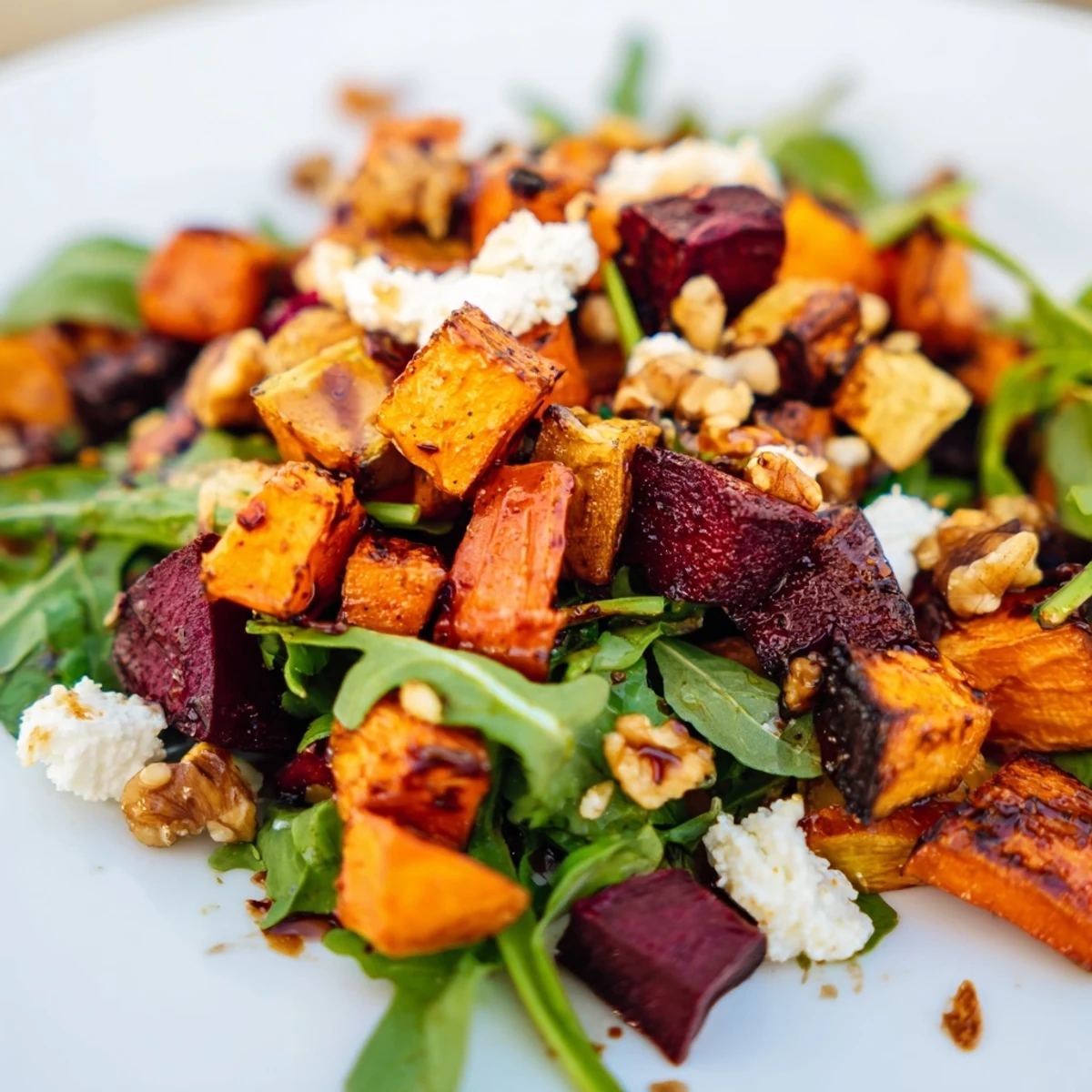 A close-up of caramelized root vegetables, crumbled feta, and toasted pecans atop arugula with balsamic dressing drizzle.
