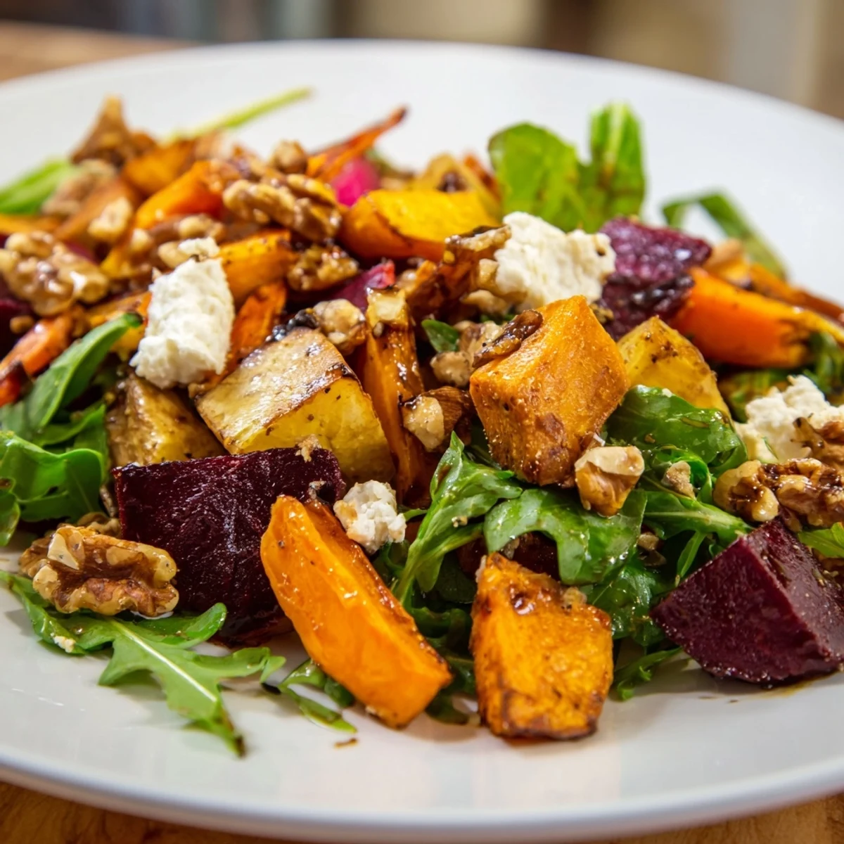 Hearty Mediterranean salad with glazed root vegetables and creamy feta, served as a colorful vegetarian main course.