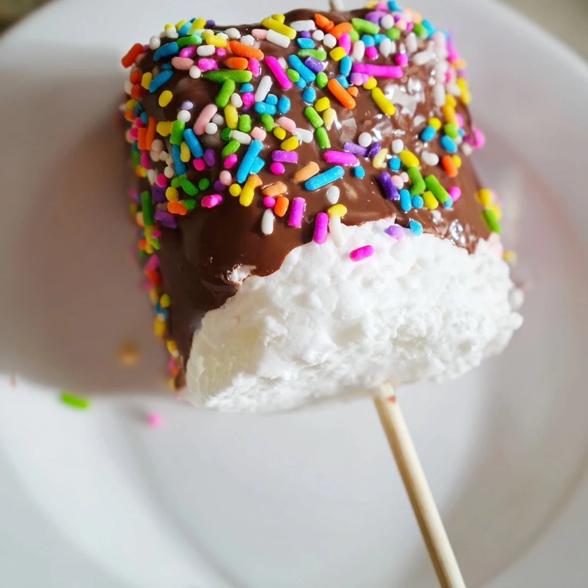 Fluffy marshmallows on sticks, half-dipped in glossy melted chocolate and showered with rainbow sprinkles.