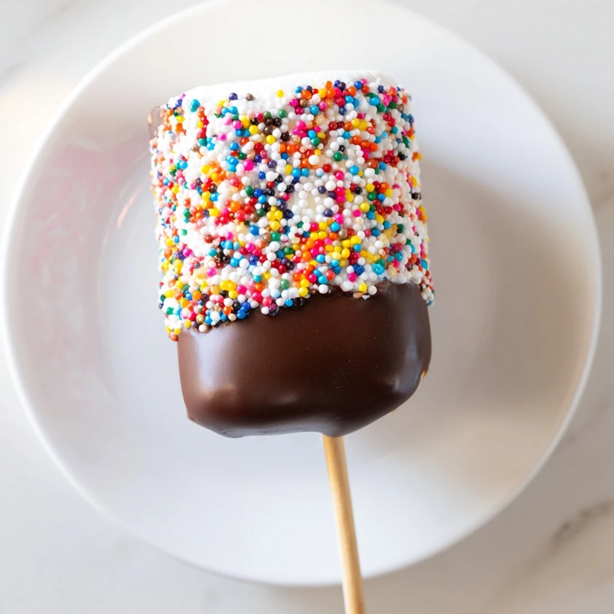 Easy chocolate dipped marshmallows with sprinkles, ready for party platters or sweet homemade gifts.