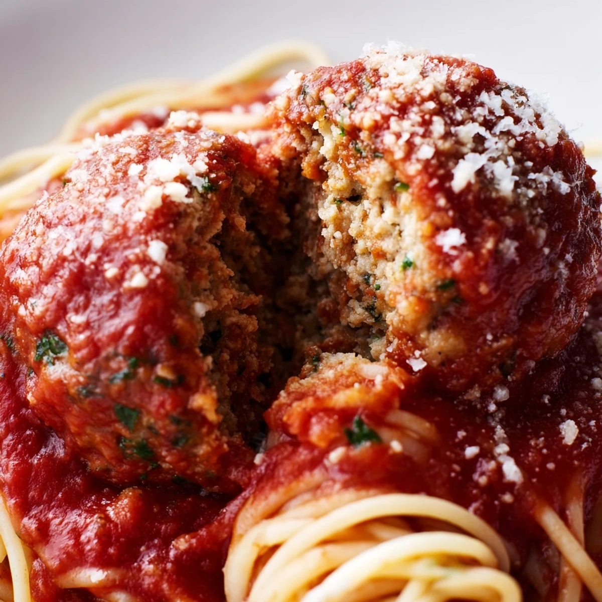 A fork twirls spaghetti noodles coated in rich marinara, topped with a juicy Turkey Meatballs with Marinara Sauce and Spaghetti.