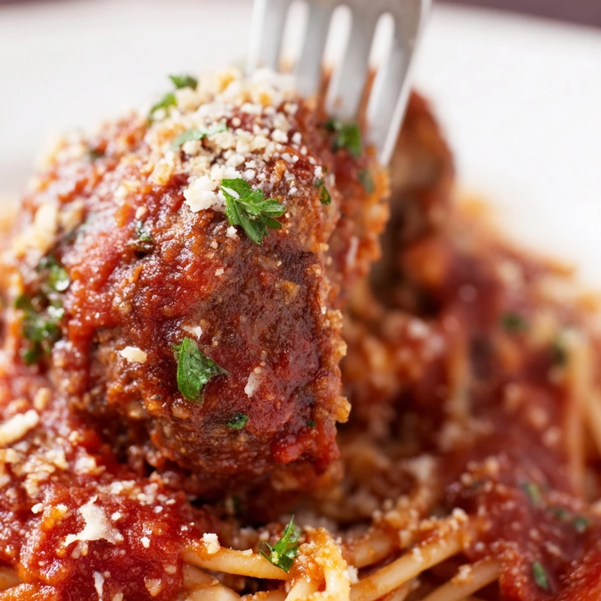 Steam rises from a plate of Turkey Meatballs with Marinara Sauce and Spaghetti, served with garlic bread and basil.