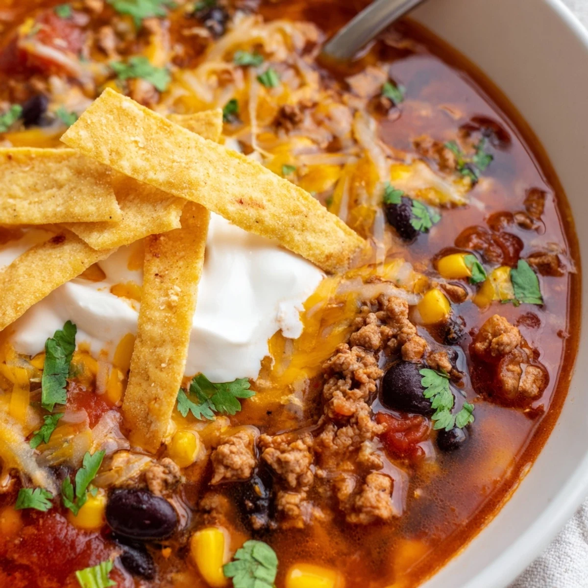 Hearty beef enchilada soup simmering in a pot with beans, corn, and a rich red tomato broth.