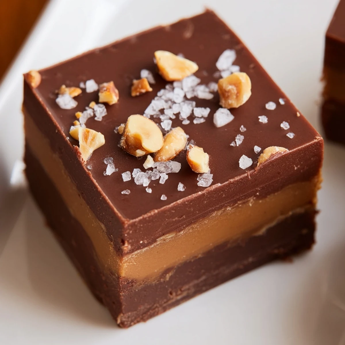 Square pieces of homemade Chocolate Peanut Butter Fudge are stacked on a white plate, with chopped peanuts scattered around and a warm kitchen backdrop.  