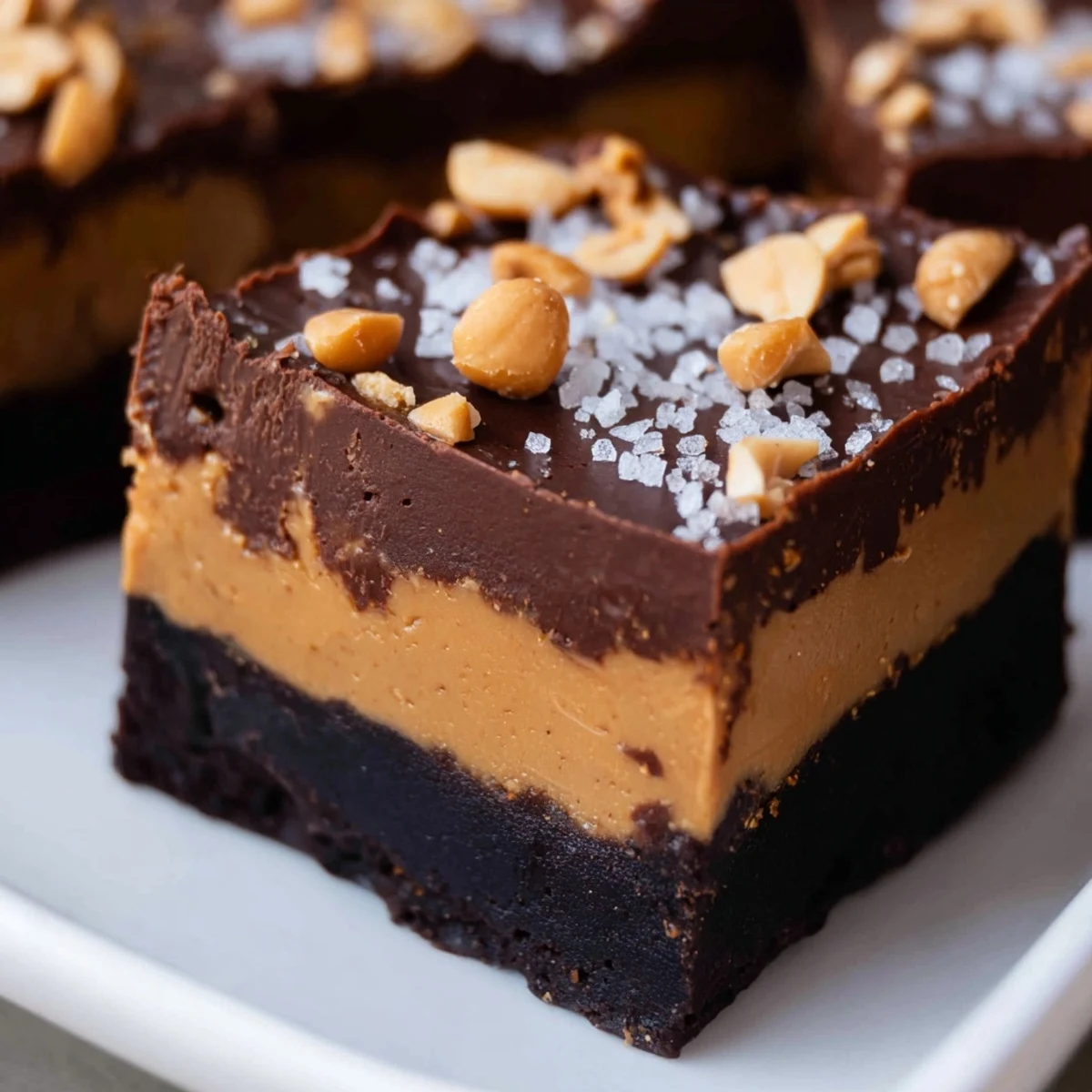 A close-up of a glossy slice of Chocolate Peanut Butter Fudge, showing distinct marbled layers and a sprinkle of sea salt on top, ready to be served.  