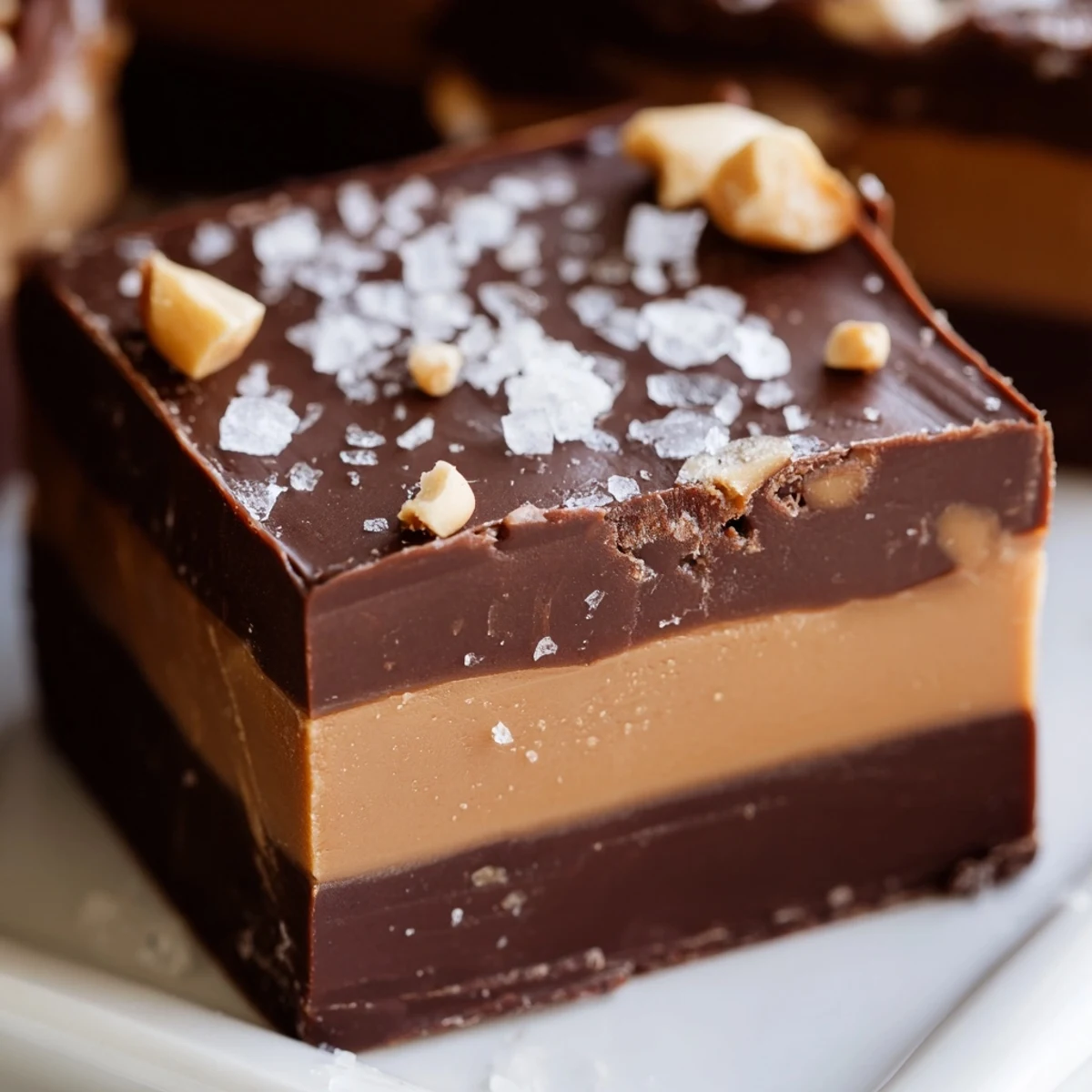 Cut into small squares, this Chocolate Peanut Butter Fudge reveals a creamy peanut butter center surrounded by a rich, dark chocolate outer layer.