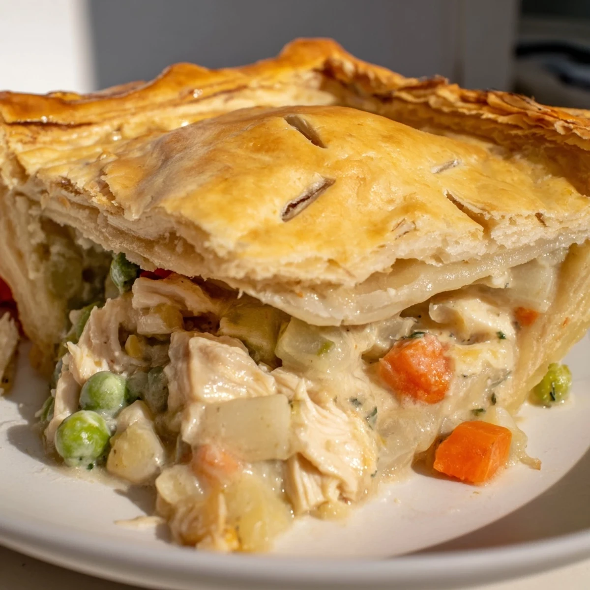 Golden, flaky pastry crust covers a bubbling chicken pot pie filling with carrots, peas, and thyme.