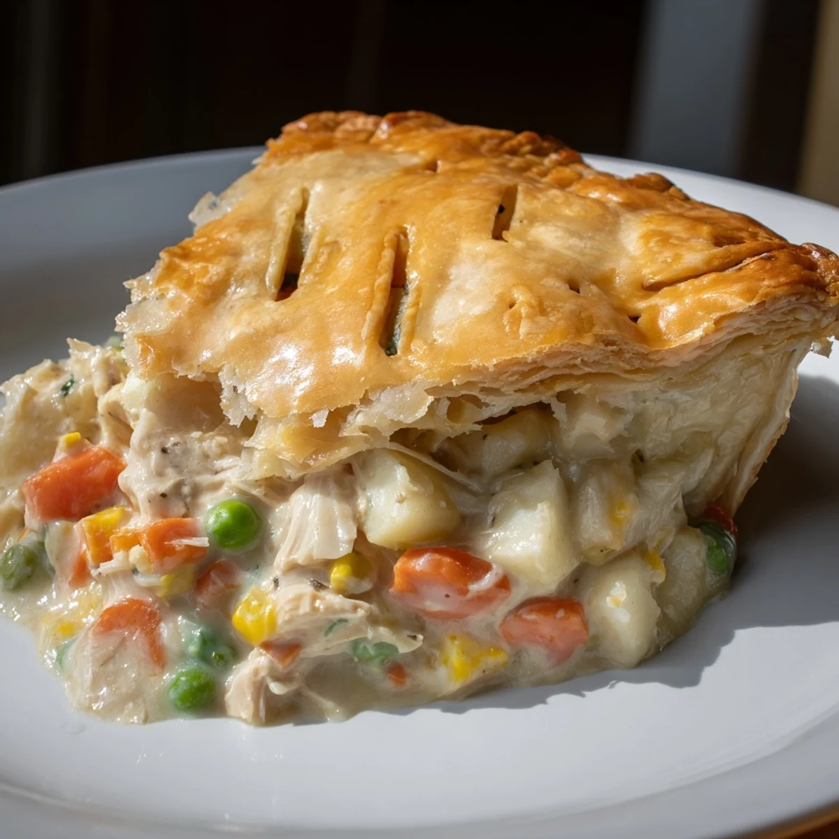 Steam rises from a slice of homemade chicken pot pie served with a green salad.