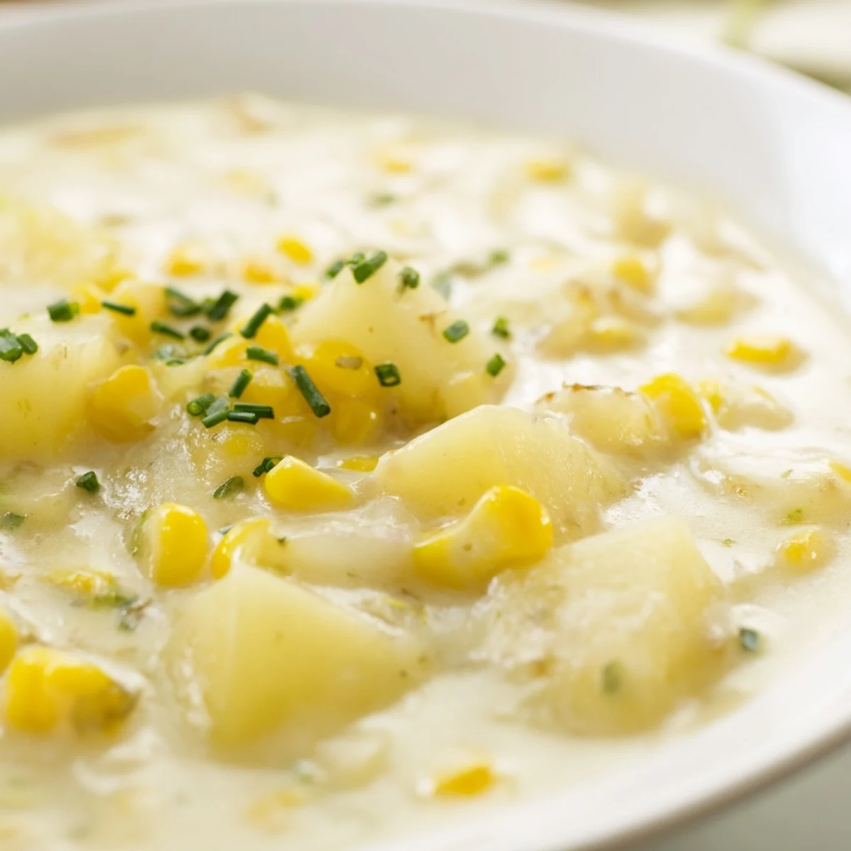 Creamy Corn and Potato Chowder steams in a rustic bowl, garnished with fresh chives for a cozy, hearty vegetarian meal.
