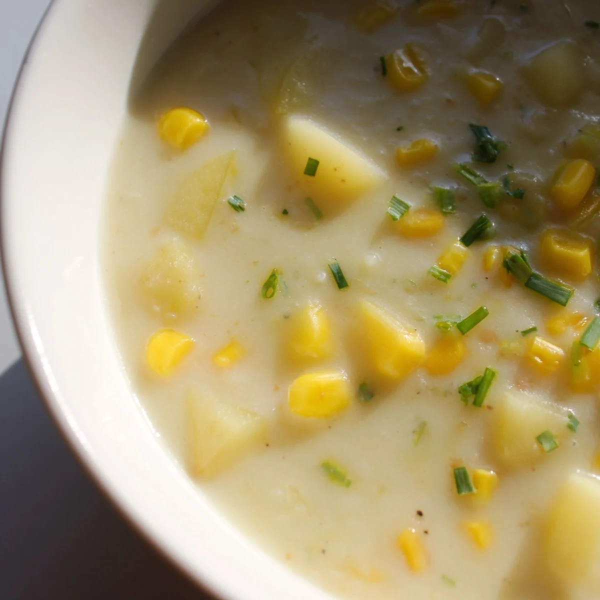A comforting Creamy Corn and Potato Chowder served hot, finished with a swirl of cream and fresh herbs.