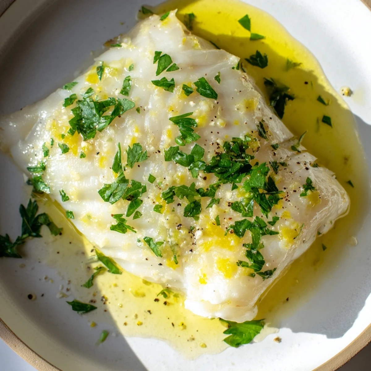 Freshly baked halibut with lemon butter and parsley, ready to serve alongside roasted asparagus.