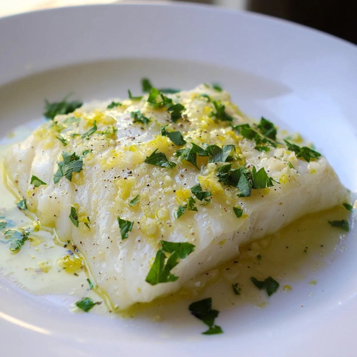 Golden-brown baked halibut fillets coated in a glossy lemon butter sauce, garnished with fresh parsley.