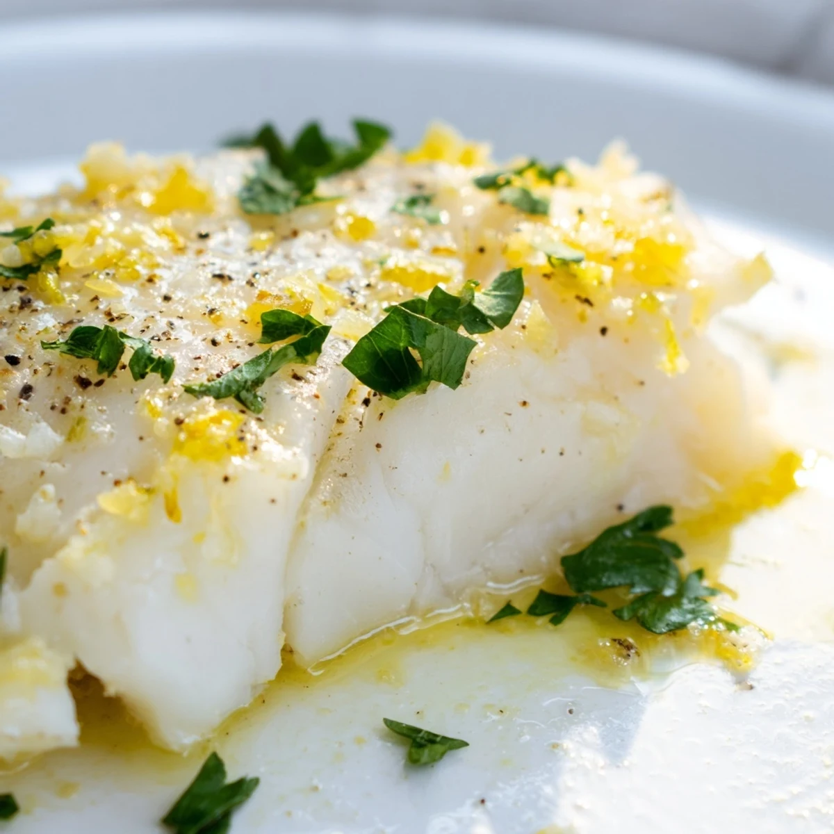 Four tender halibut fillets drizzled with zesty lemon butter sauce on a rustic baking dish.