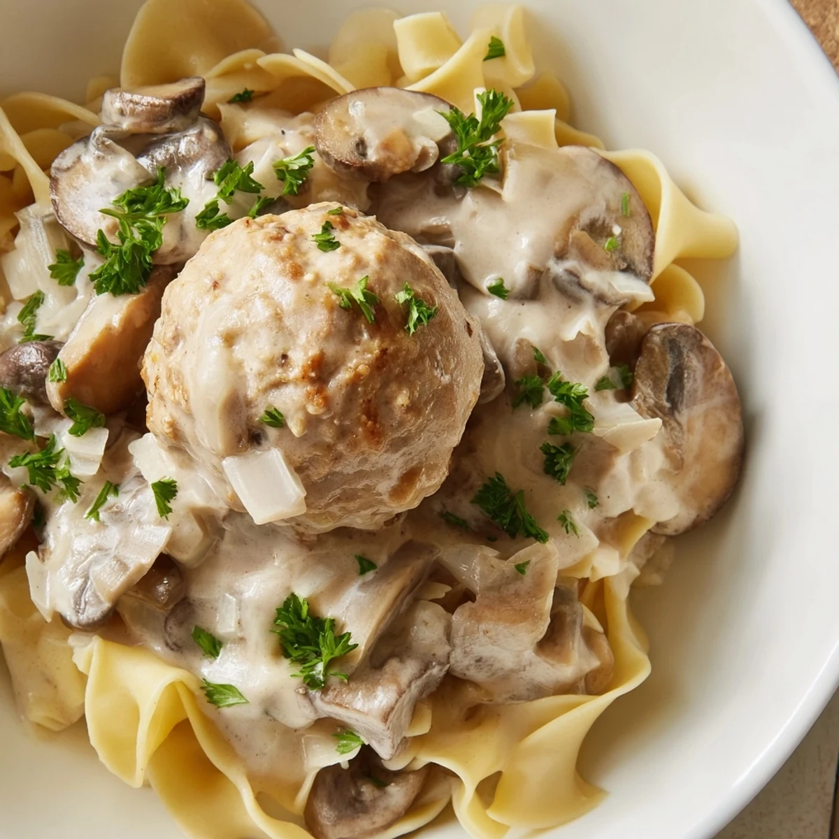 Golden-brown turkey meatballs in creamy mushroom stroganoff sauce, spooned over fluffy egg noodles and garnished with fresh parsley.