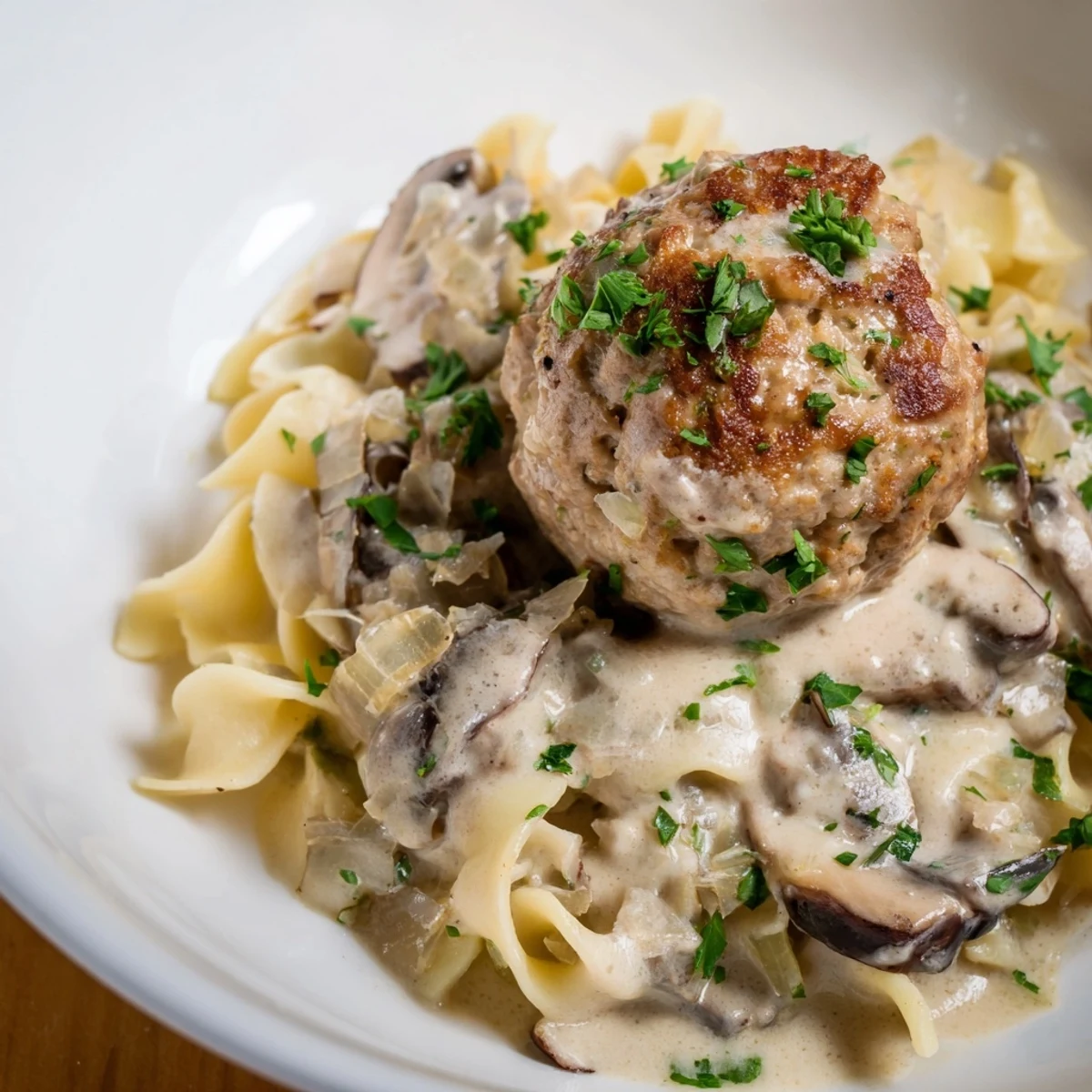 Close-up of Turkey Meatball Stroganoff, showing juicy meatballs and creamy sauce coating egg noodles on a rustic table setting.