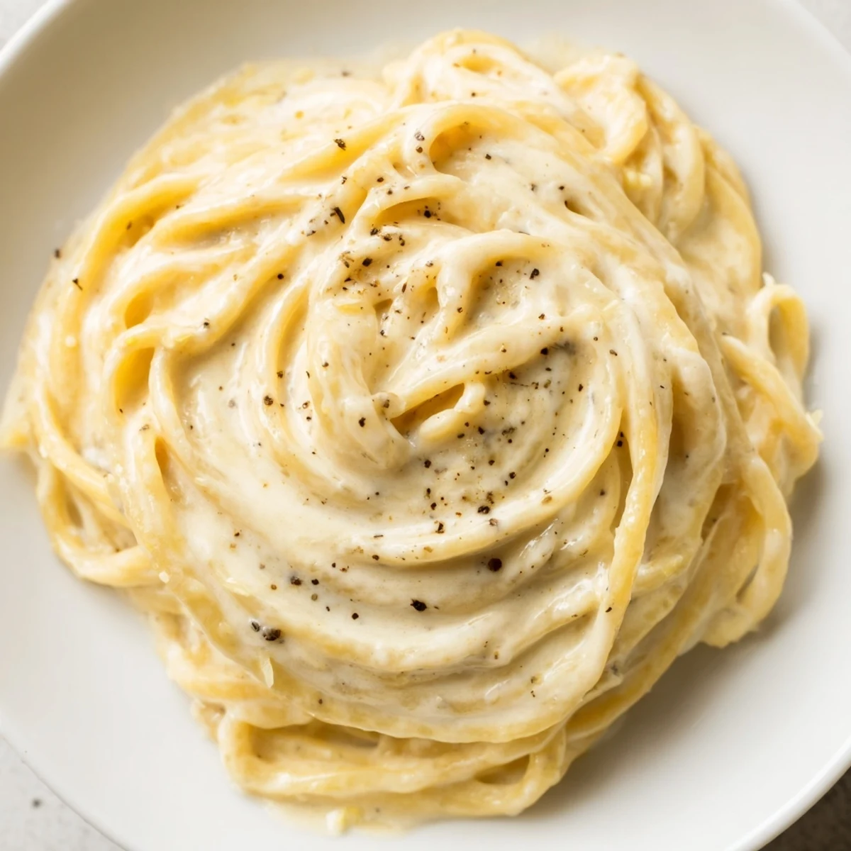 Creamy Alfredo Sauce drizzled over freshly cooked fettuccine, showcasing its rich and velvety texture in a white bowl.