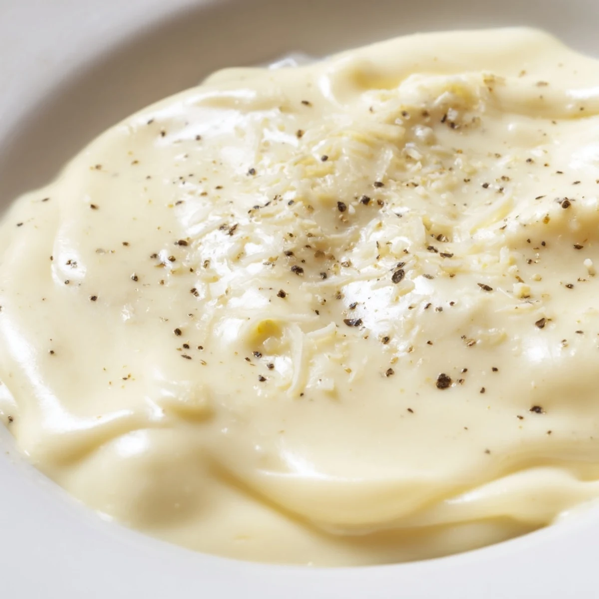 Golden parmesan cheese melting into Creamy Alfredo Sauce, with a fresh parsley garnish and warm Italian bread on the side.