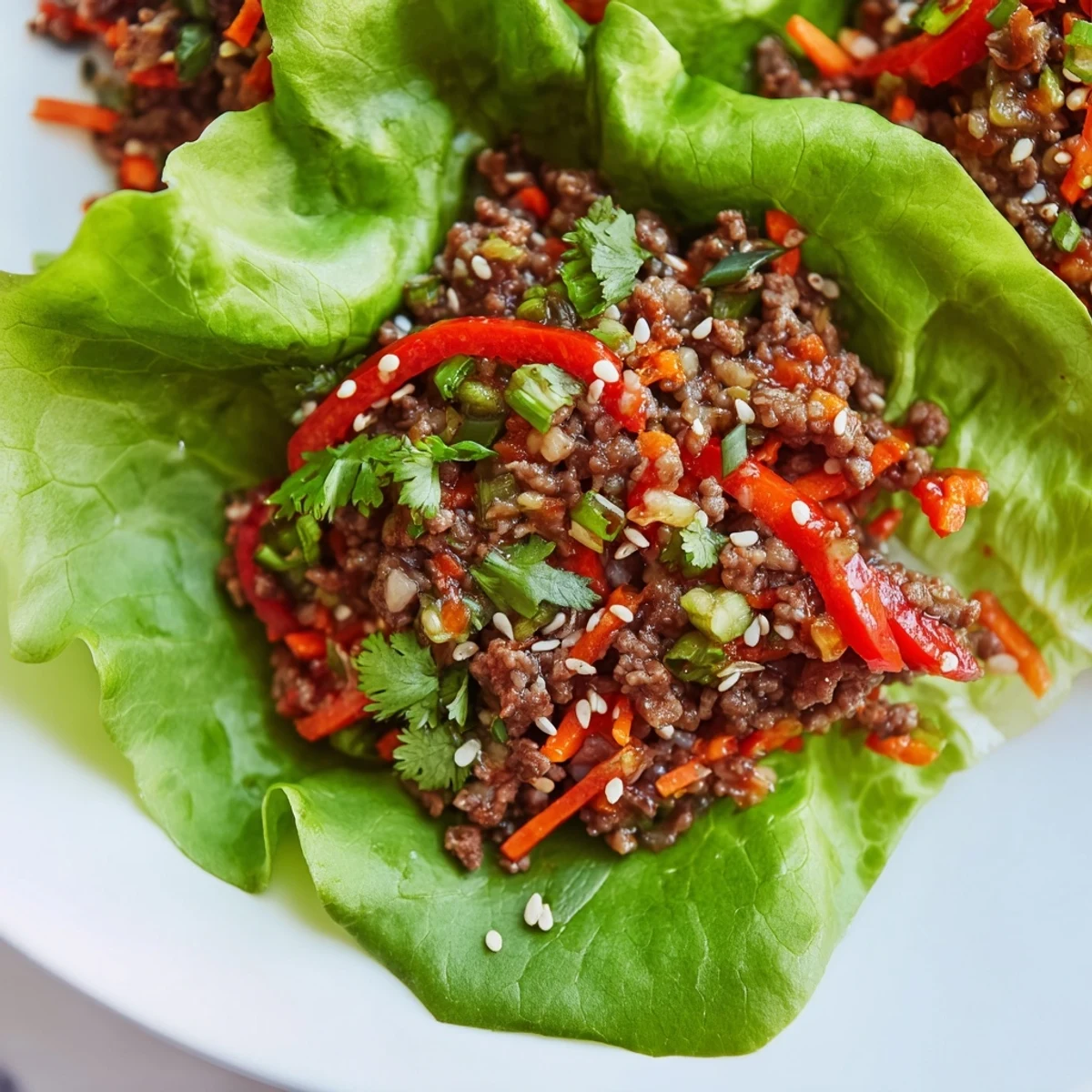 Beef lettuce wraps filled with savory ground beef, carrots, and water chestnuts, garnished with green onions and sesame seeds.  