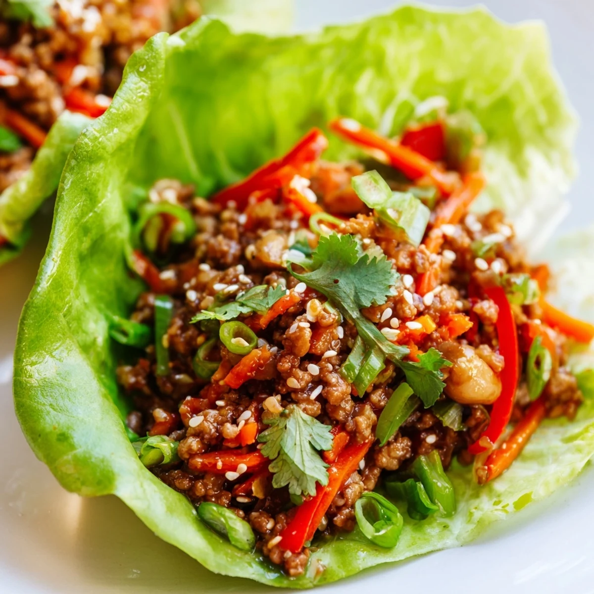 Gluten-free beef lettuce wraps served on a platter with fresh herbs, showcasing the juicy Asian-inspired filling.