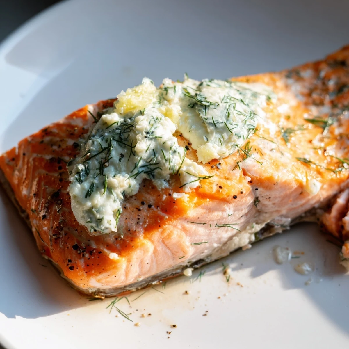 Golden-brown Baked Salmon with Dill Butter rests on a baking sheet, flanked by lemon wedges and fresh sprigs of dill.