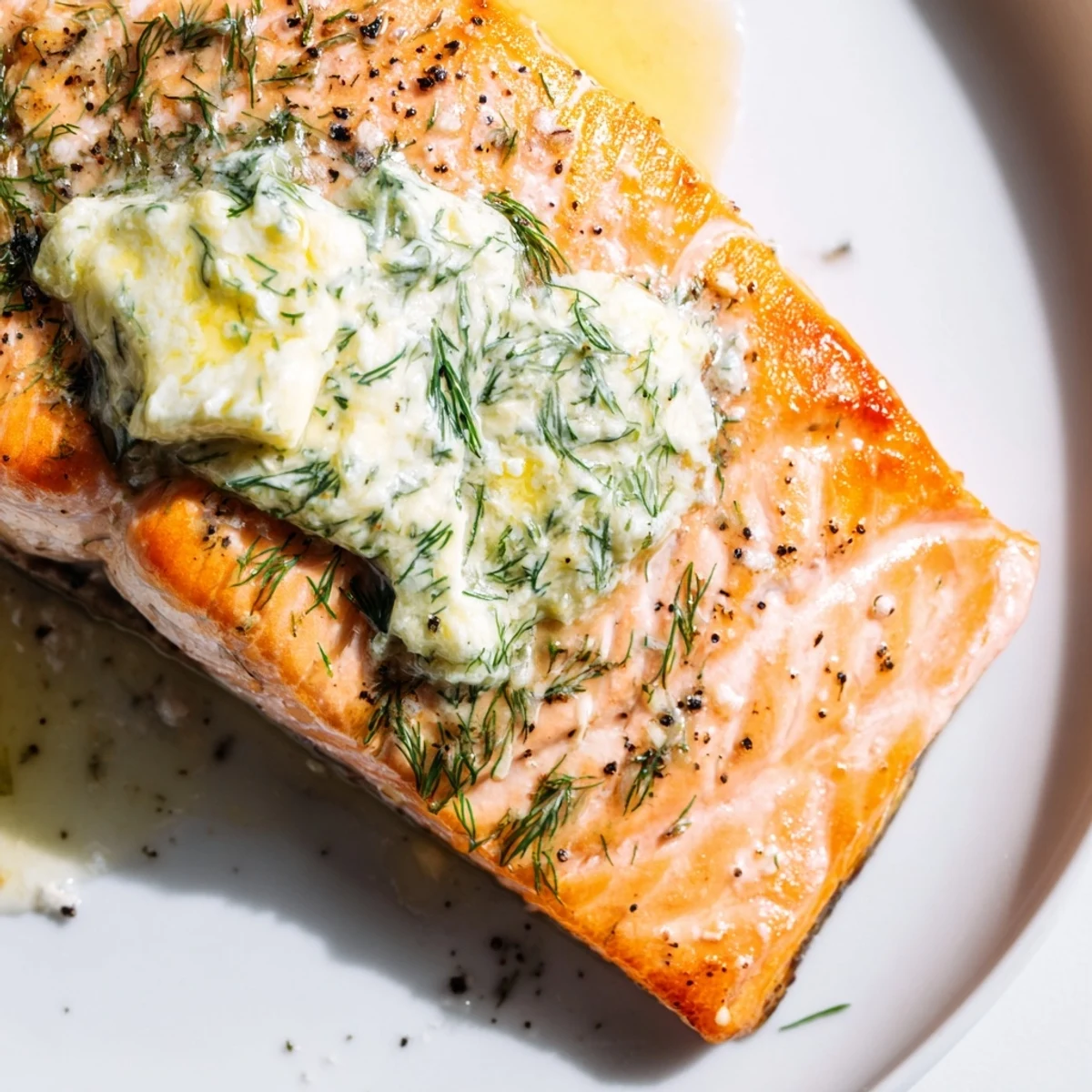 Tender Baked Salmon with Dill Butter is served alongside steamed green beans and roasted potatoes on a rustic white plate.