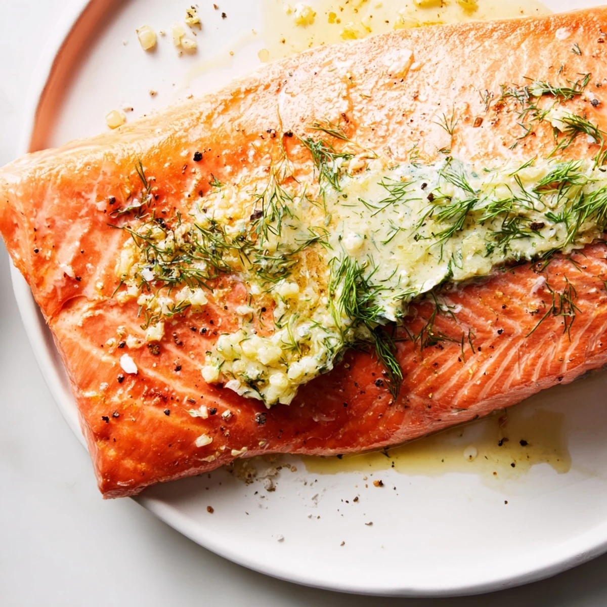 A close-up view of Baked Salmon with Dill Butter highlights the creamy herb topping and succulent, flaky texture of the fish.