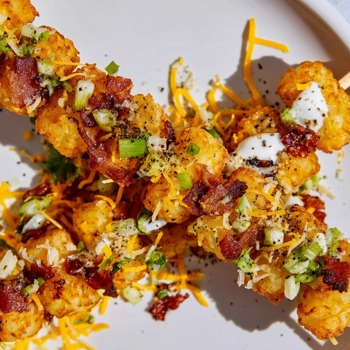 Golden-brown tater tot skewers topped with melted cheddar, bacon crumbles, and fresh scallions for game day.