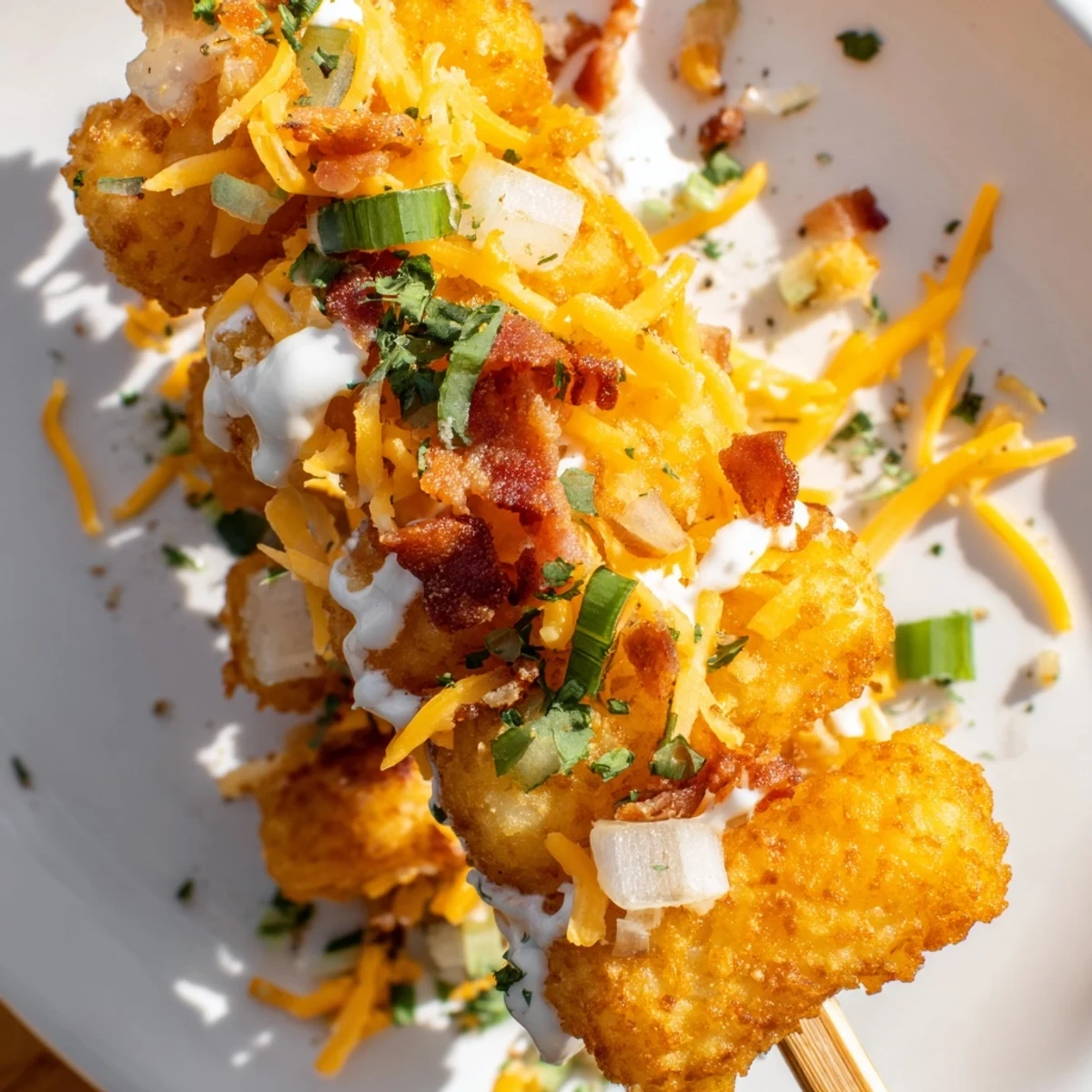 Crispy loaded tater tot skewers drizzled with sour cream, perfect for Super Bowl party snacking.