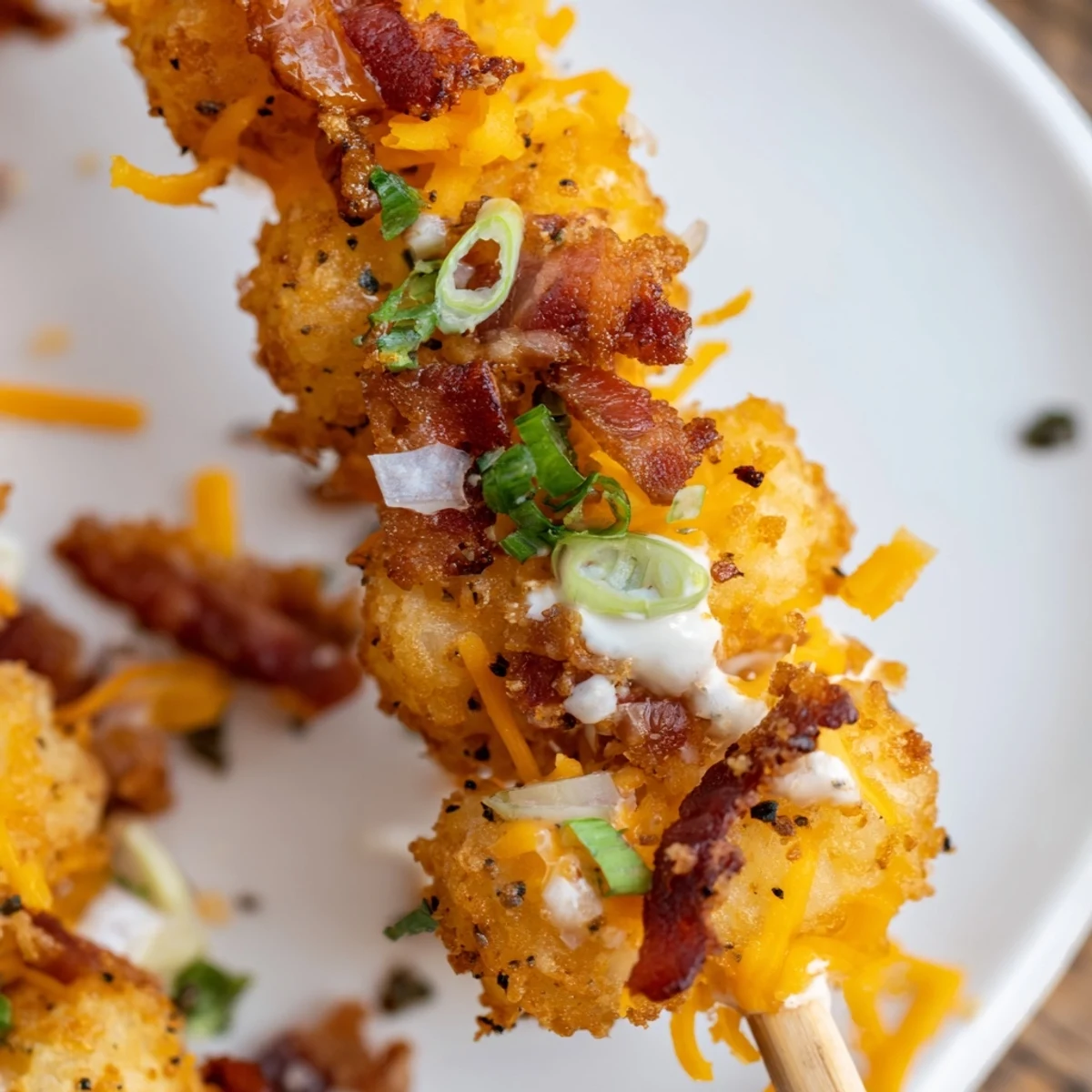 Golden baked tater tot skewers loaded with cheese, bacon, and scallions on a serving platter.