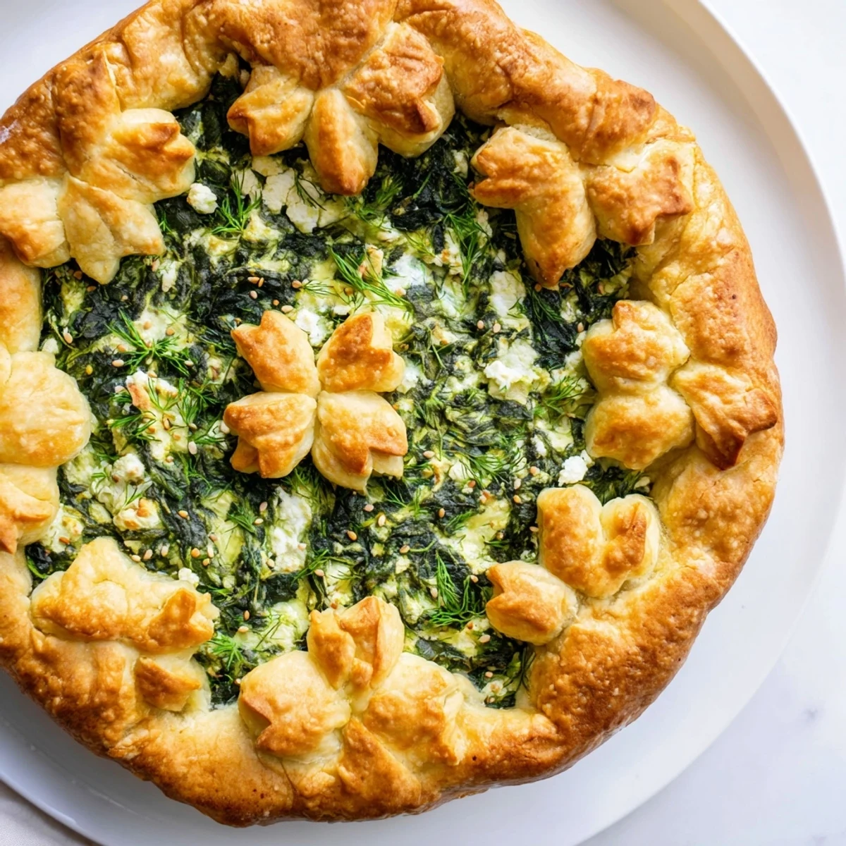 A close-up of Green Spinach and Feta Shamrock Pie with a flaky golden crust and vibrant green filling, ready to slice.