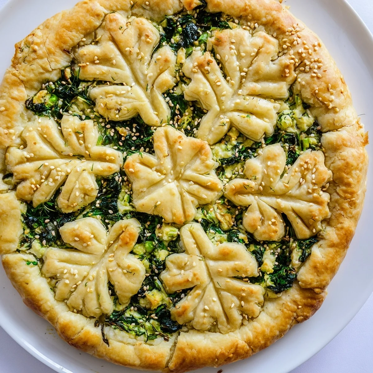 A rustic Green Spinach and Feta Shamrock Pie featuring crumbled feta and herbs in a golden pastry, perfect for St. Patrick's Day.