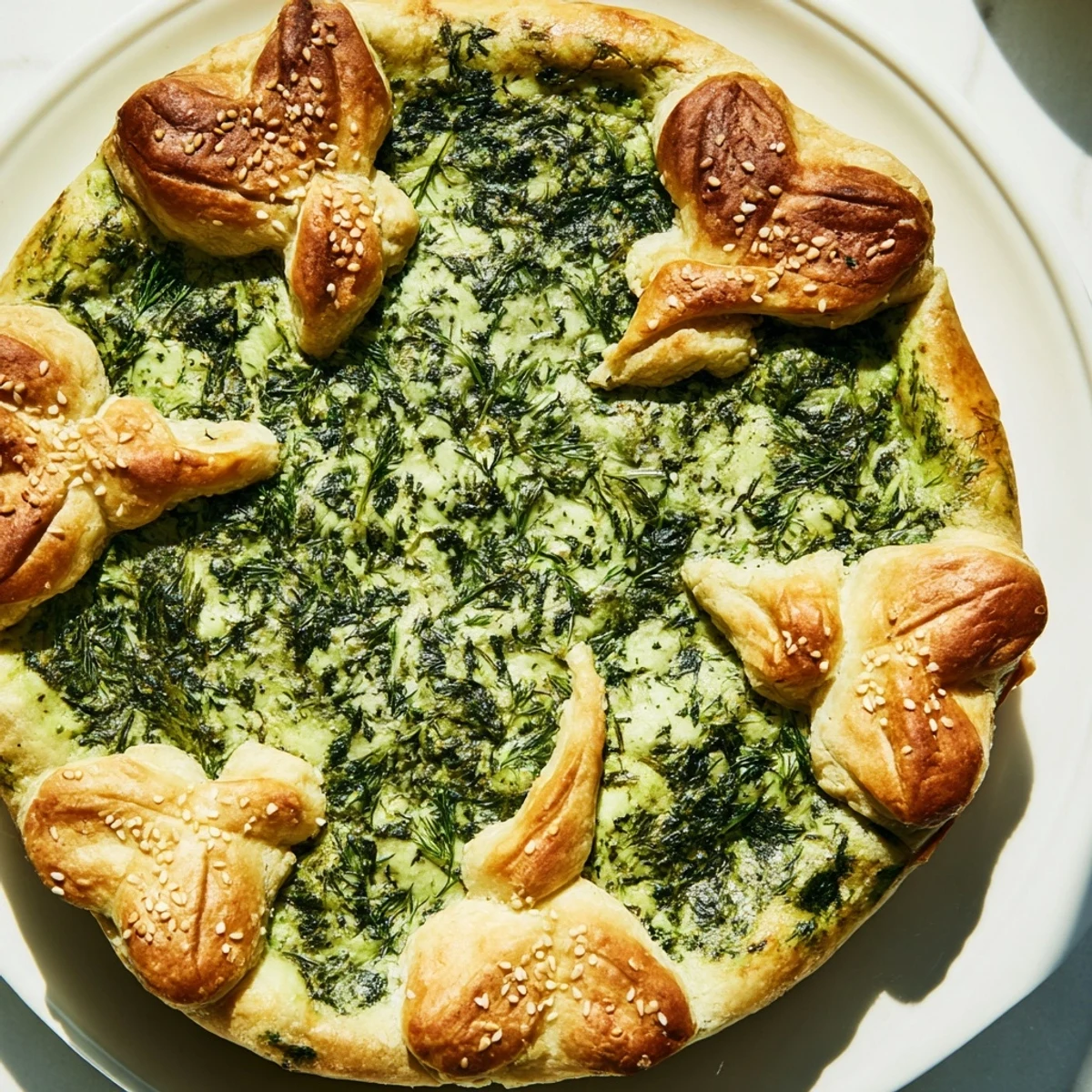 Freshly baked Green Spinach and Feta Shamrock Pie served warm with a side salad, showcasing its festive shamrock shape.