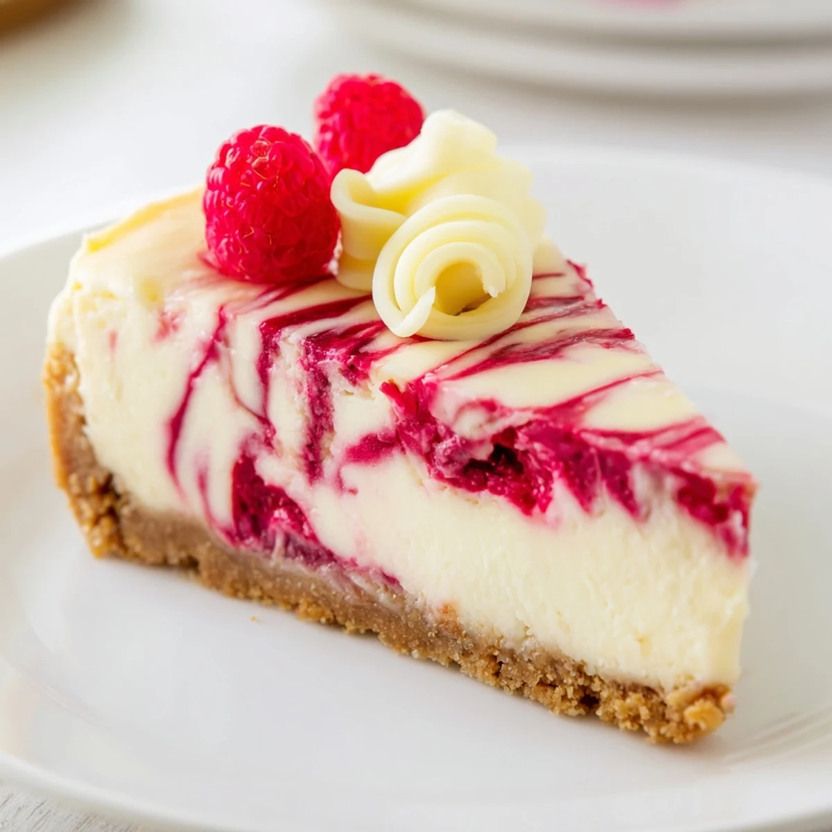 A slice of creamy white chocolate raspberry cheesecake reveals a marbled interior with vibrant raspberry swirls against a buttery graham cracker crust.