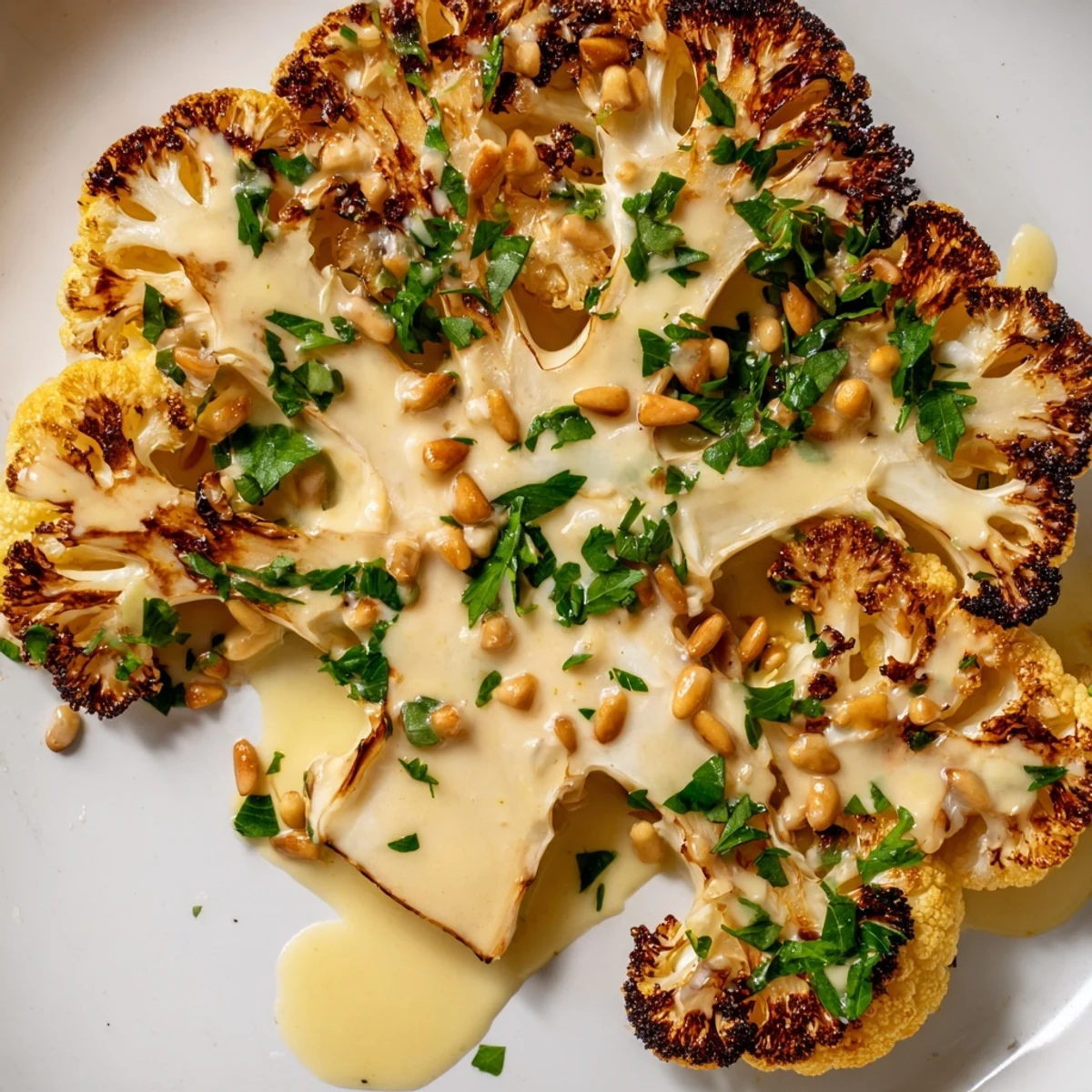Golden roasted cauliflower steaks drizzled with creamy lemon-tahini dressing on a platter, garnished with fresh parsley and pine nuts.  