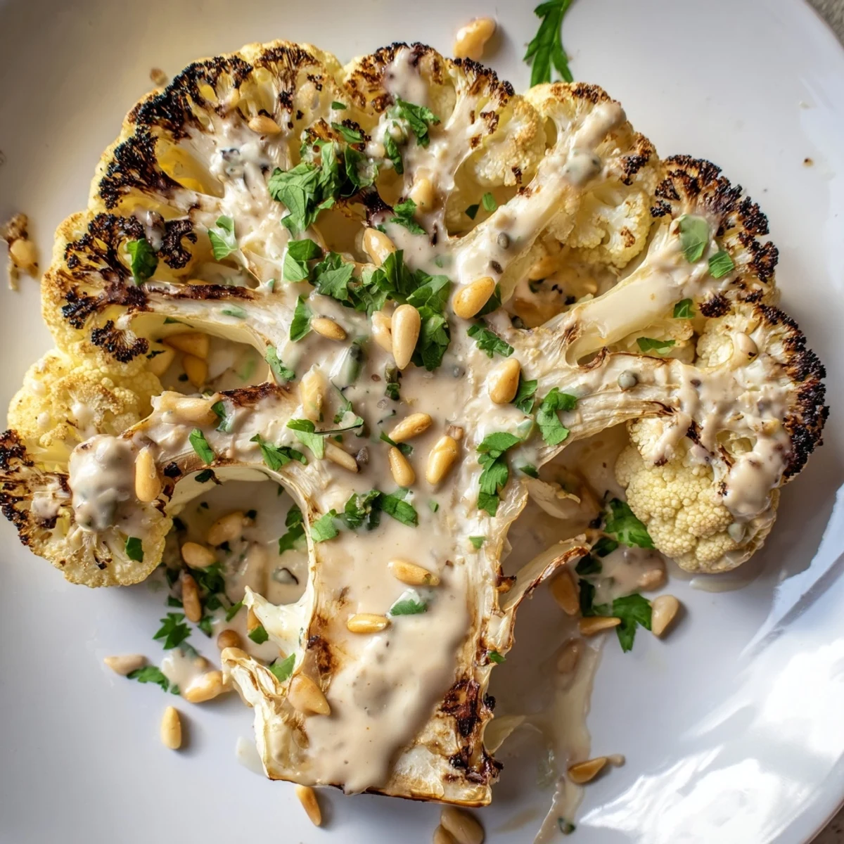 Vibrant Middle Eastern-inspired roasted cauliflower steaks with tahini drizzle, served with lemon wedges for a fresh, savory vegan main dish.