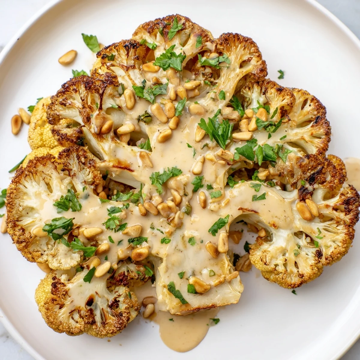 A close-up view of plant-based roasted cauliflower steaks with tahini dressing, showing a tender interior and crispy, golden-brown edges.  