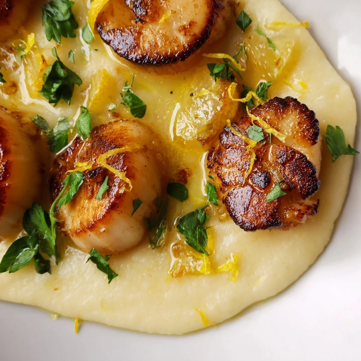 A close-up view of tender, golden-brown Lemon Garlic Scallops served over rich Parmesan polenta for a cozy Italian-inspired meal.