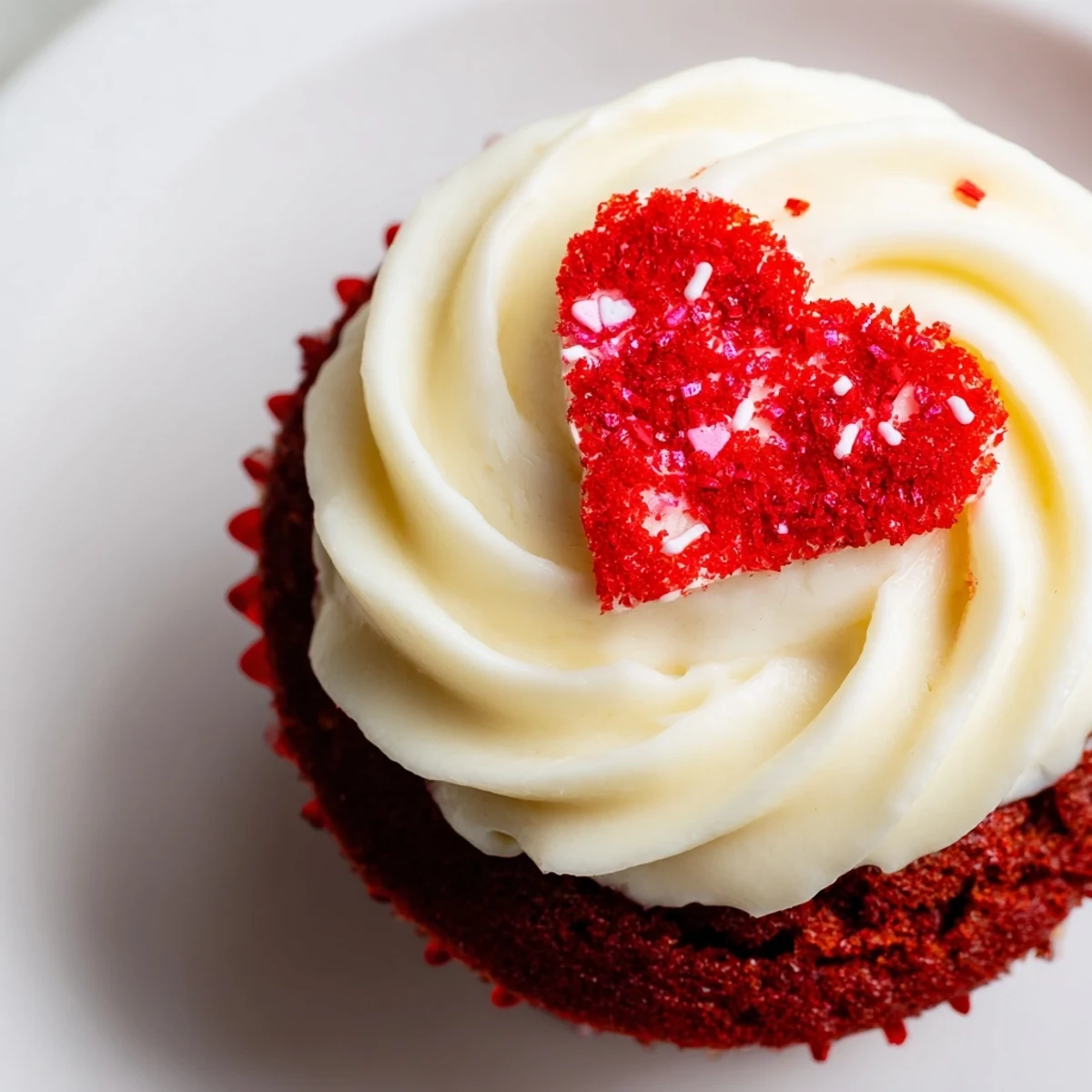 Close-up of Valentine Red Velvet Cupcakes with silky cream cheese frosting, showcasing their vibrant red crumb and soft, fluffy texture.  