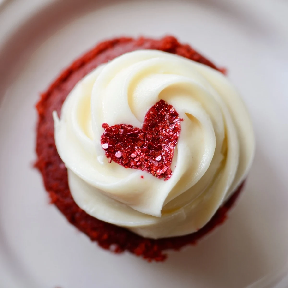 Decadent Valentine Red Velvet Cupcakes topped with swirls of cream cheese frosting, garnished with festive sprinkles for a sweet treat.