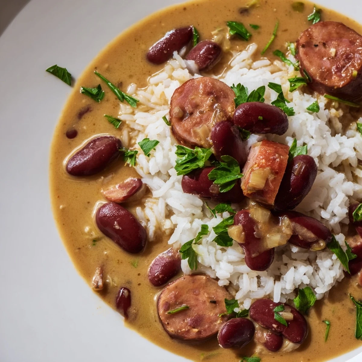 A bowl of New Orleans Red Beans and Rice features creamy beans and smoky andouille sausage over fluffy rice, garnished with green onions.  