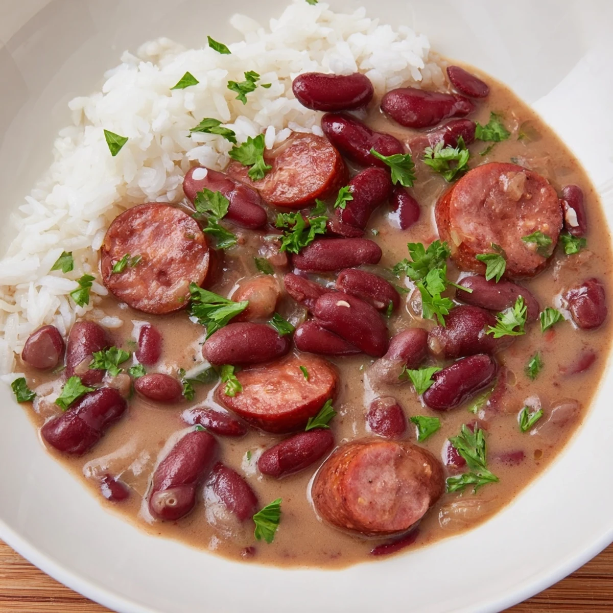 Hearty New Orleans Red Beans and Rice in a rustic bowl, showing tender beans and sausage slices, ready for a comforting meal.