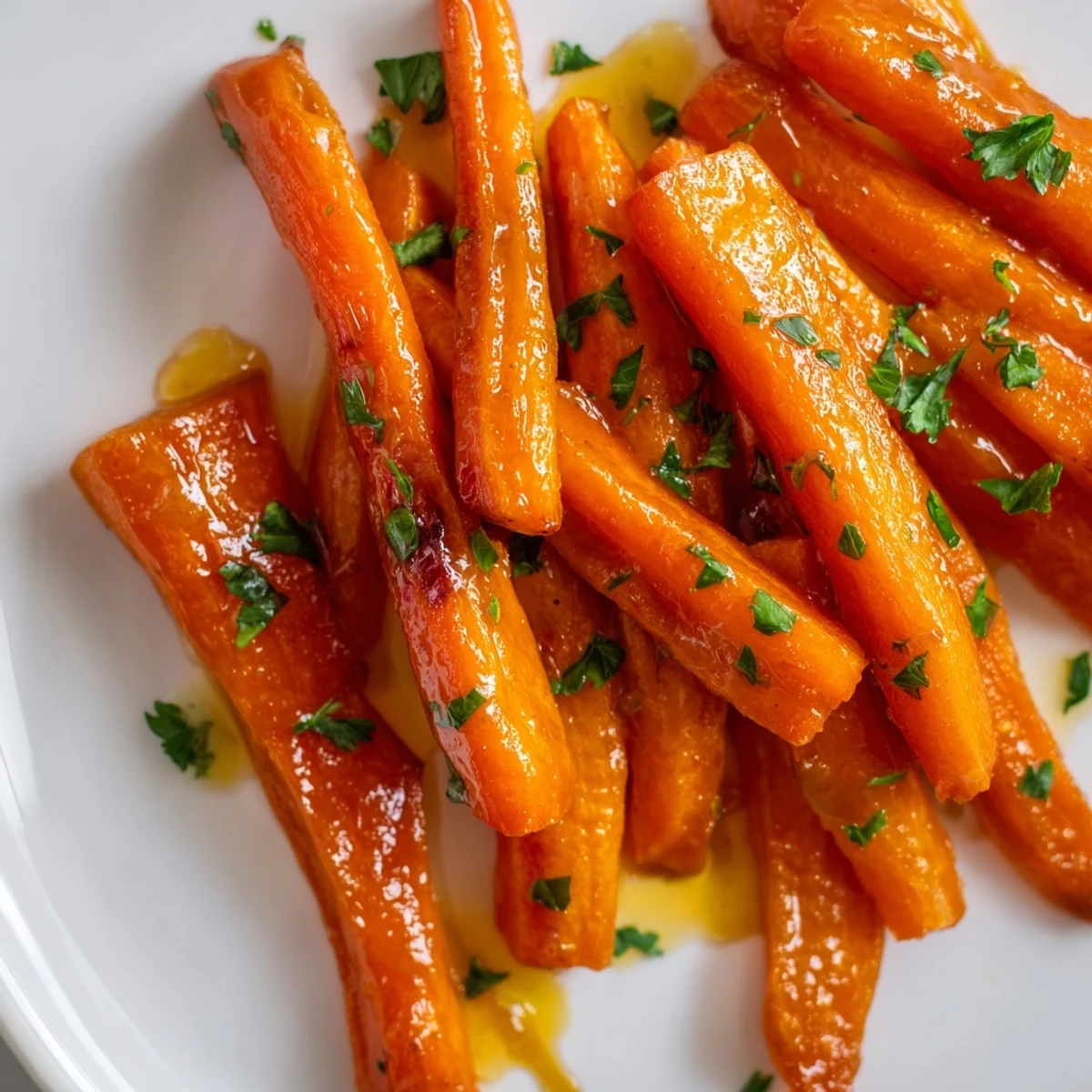 Glistening roasted carrots with maple glaze on a white platter, garnished with fresh parsley for an easy vegetarian side dish.