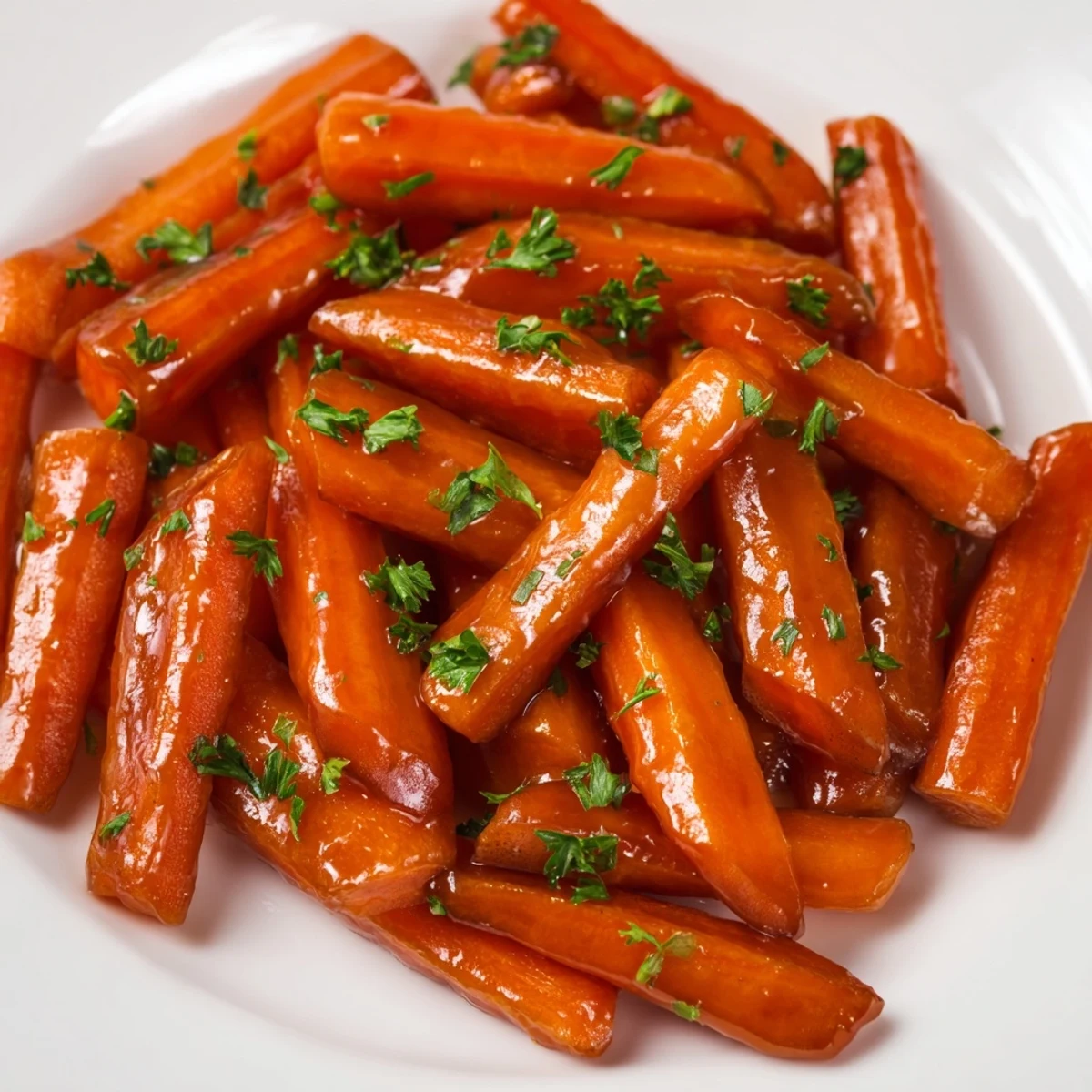 Tender roasted carrots with maple glaze on a rustic wooden board, garnished with parsley for a cozy family meal.